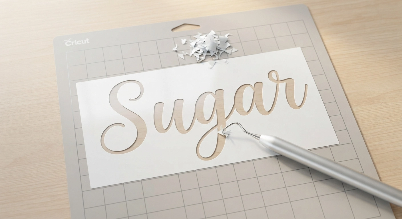 Close-up overhead shot of a Cricut cutting mat on a wooden table. A sheet of glossy white vinyl has just been cut with the word "Sugar" in elegant script, partially weeded. A weeding tool is lifting a tiny inner piece from the letter "g". Bright natural lighting, crisp focus.