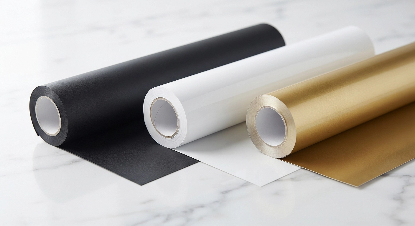Close-up photograph showing three different types of vinyl rolls side by side: matte black permanent vinyl, glossy white permanent vinyl, and a metallic gold adhesive vinyl. Each roll is partially unrolled to show texture and finish. Shot on white marble background with natural light, macro lens showing surface detail