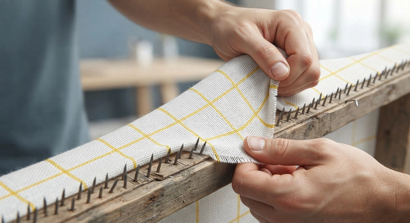 Close up shot of a person's hands stretching a white primary tufting cloth with yellow grid lines over wooden carpet tack strips. The sharp metal teeth of the tack strips are visible gripping the fabric tightly. High detail, focus on the tension of the fabric.