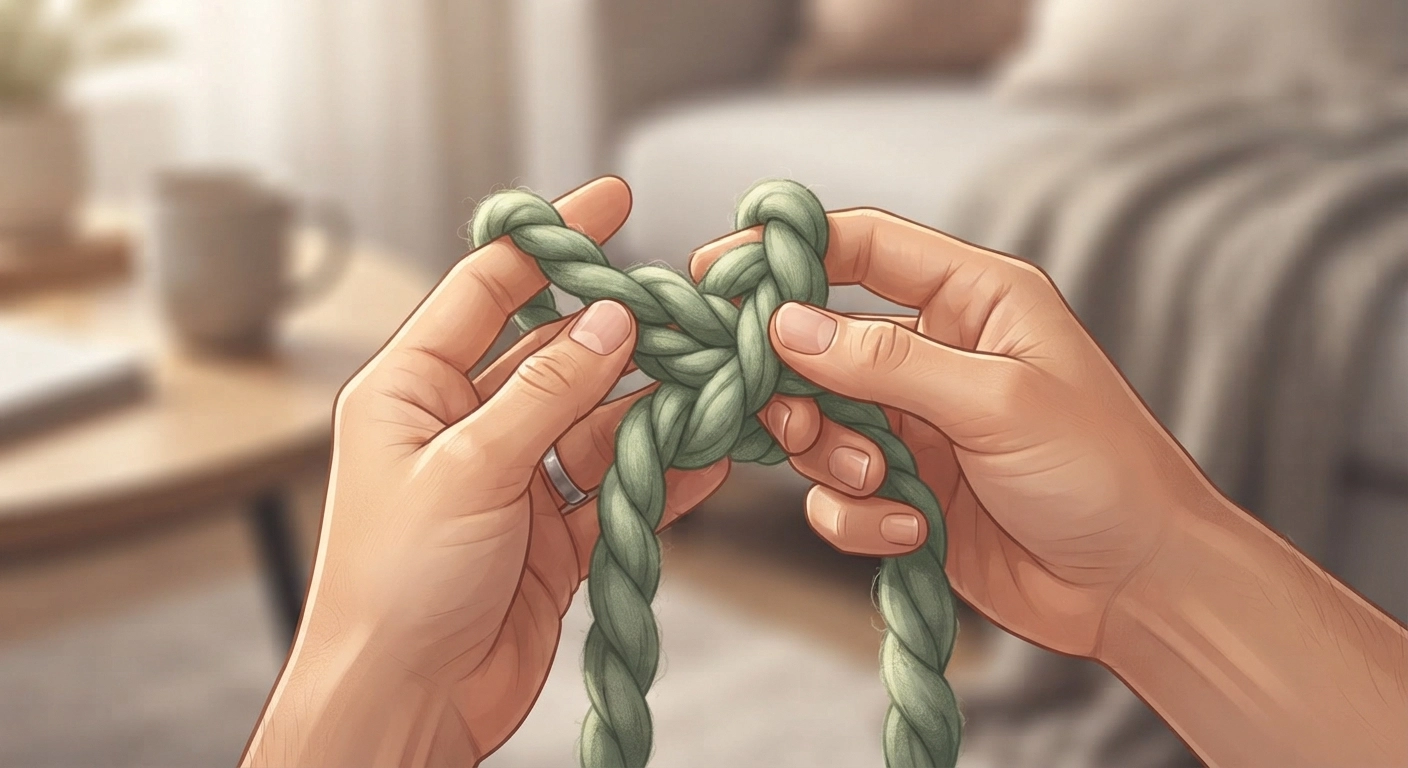 Close-up shot of hands making a slip knot with thick sage green chunky yarn. The background is slightly blurred, focusing entirely on the intricate twist of the yarn. Cozy, warm indoor lighting.