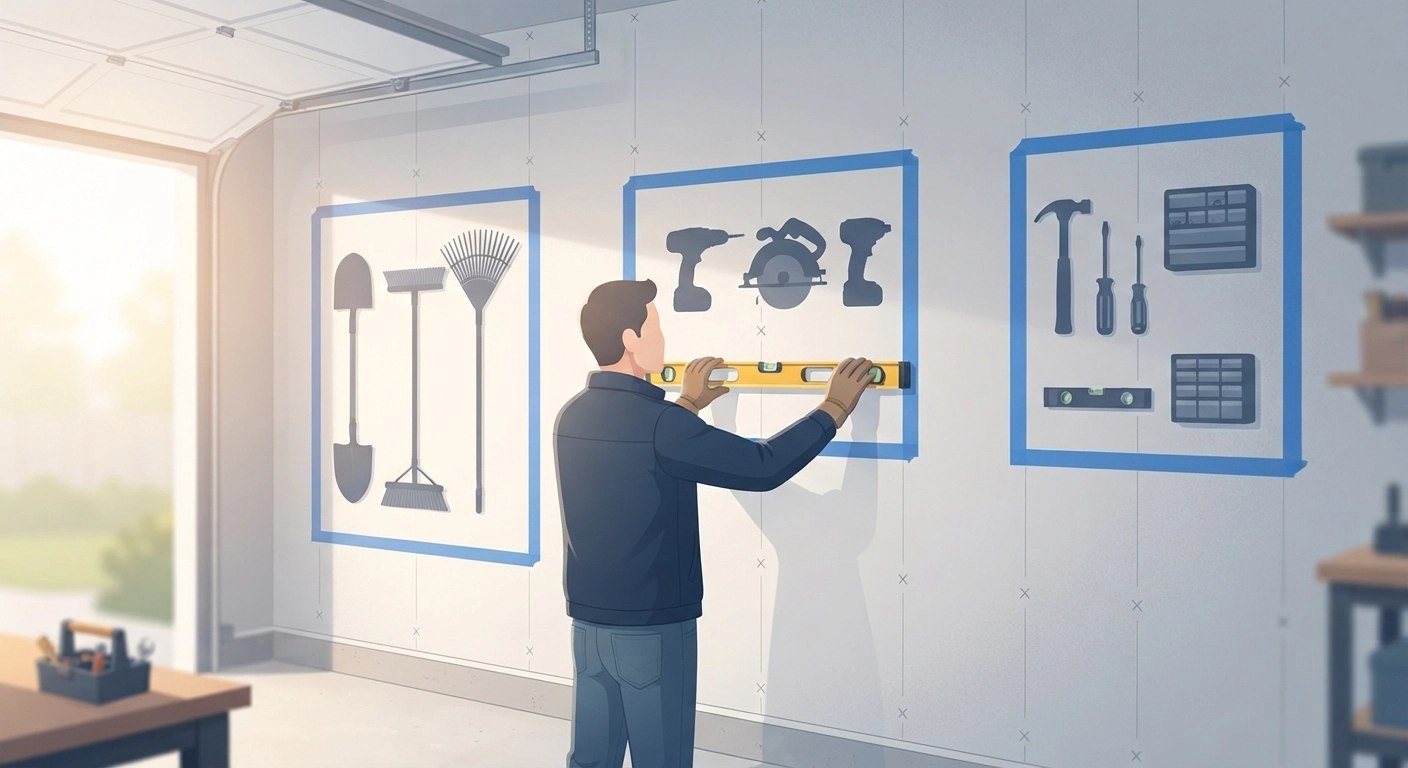 Garage wall marked with blue painter's tape showing three zones labeled for shovels, power tools, and accessories, with stud locations shown as vertical pencil lines and a level held against the wall, natural light from garage door.
