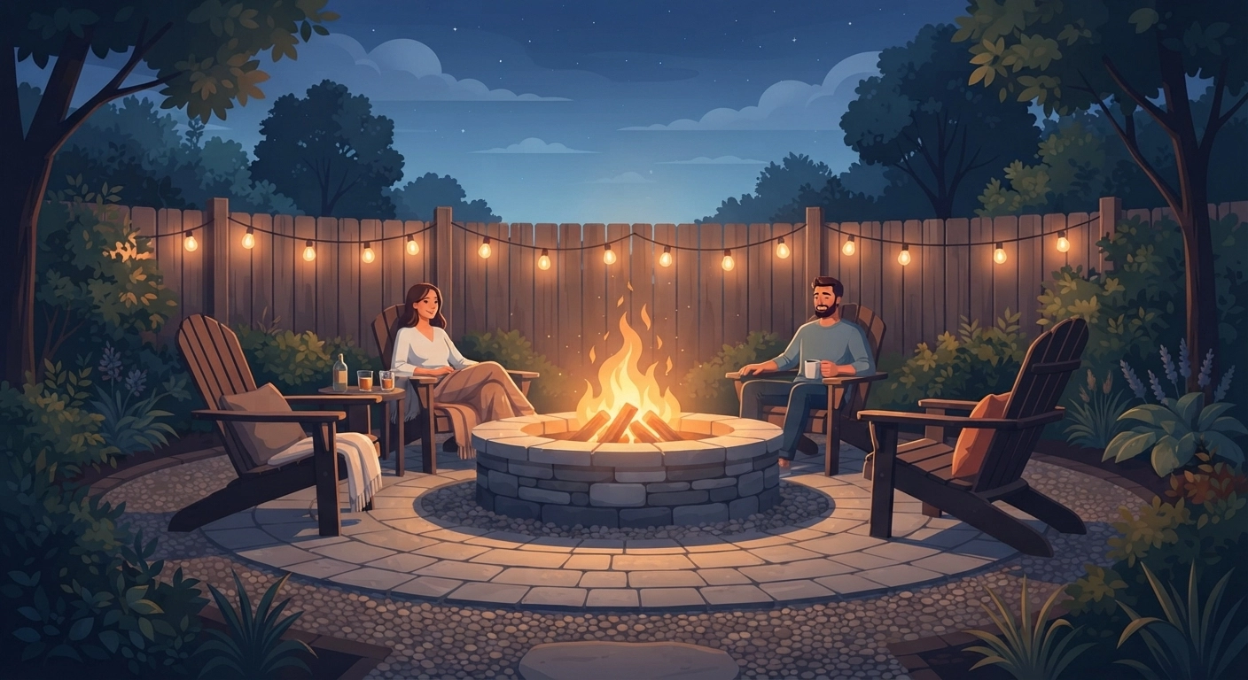 High-contrast photograph of a finished round DIY backyard fire pit with glowing fire at dusk, surrounded by Adirondack chairs, string lights, and a wooden fence background, warm atmosphere