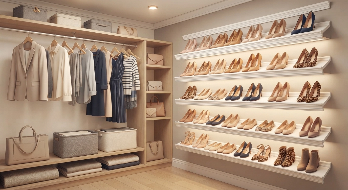Inside a small closet, crown molding strips mounted horizontally on one wall, each holding several pairs of women's heels and flats displayed at an angle. The rest of the closet features hanging clothes and fabric bins. Warm, boutique-style lighting, very organized and aesthetically pleasing interior design photography.