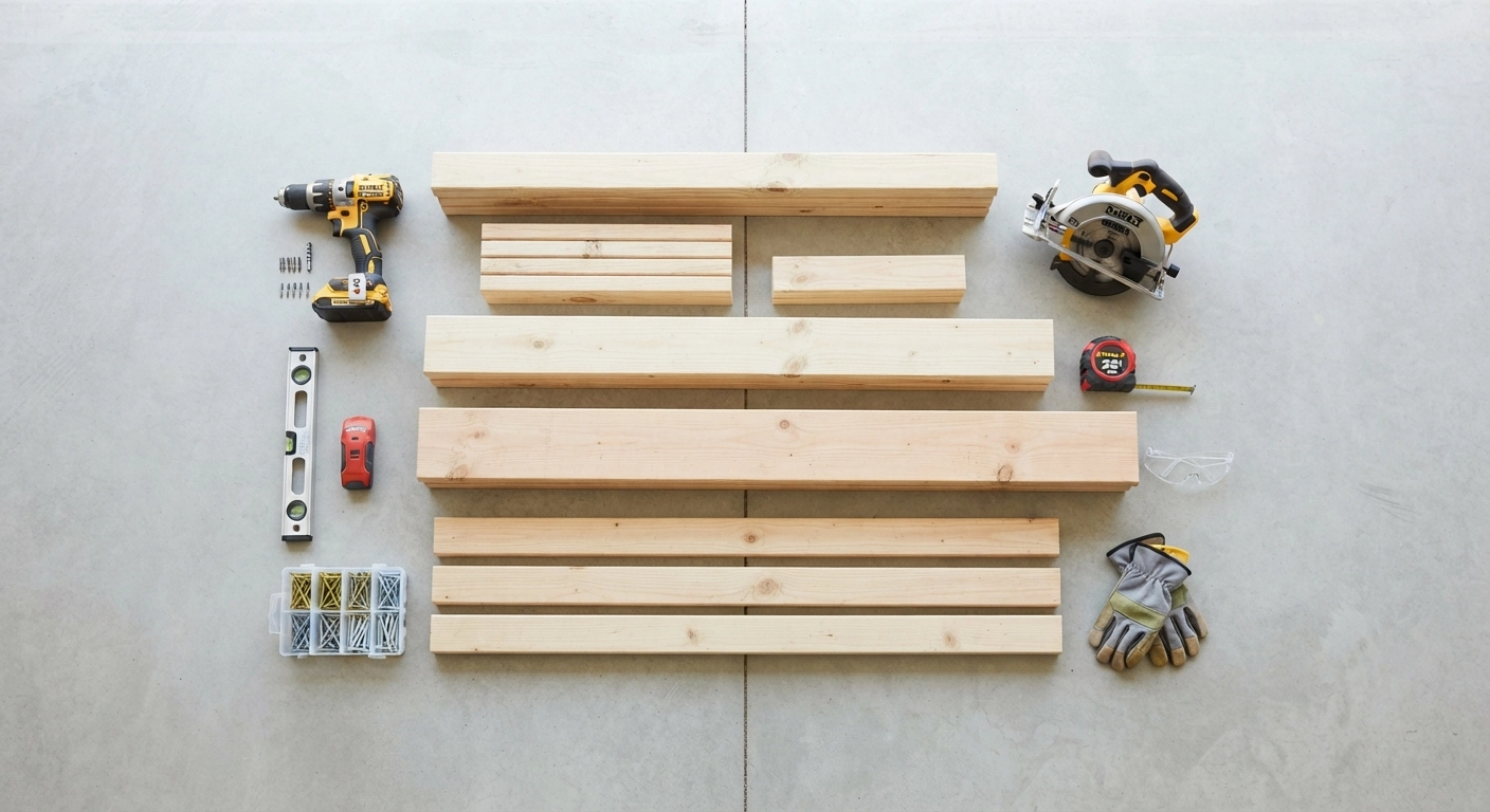 Overhead flat-lay photograph of all materials and tools for a DIY garage tool storage rack arranged neatly on a concrete garage floor: 2x4s, 2x6, 1x4s, screws, lag bolts, drill, saw, measuring tape, level, stud finder, and safety glasses, brightly lit studio style.