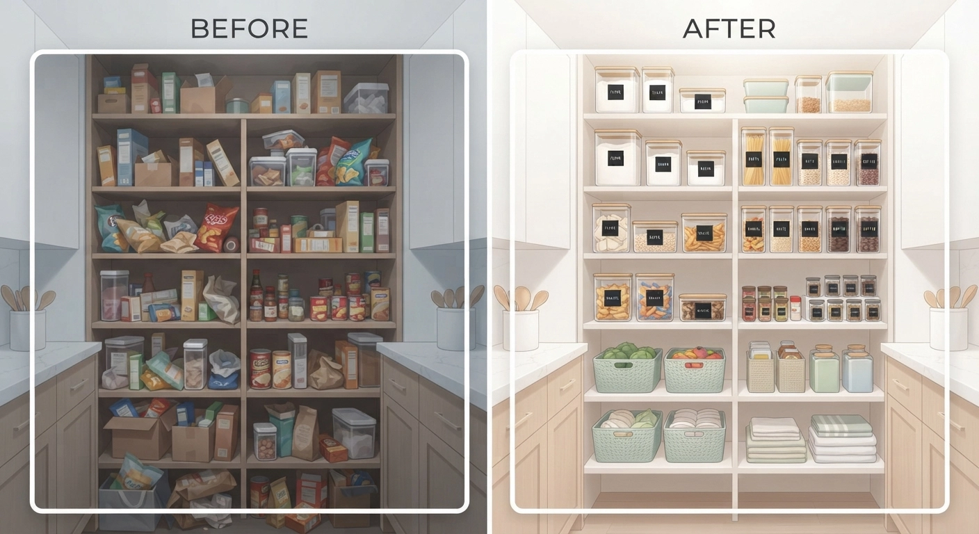 Side-by-side comparison of a messy, unorganized pantry with unidentified containers on the left, and the same pantry after organization with crisp Cricut vinyl labels on matching containers on the right. Dramatic transformation, bright lighting, shot with wide-angle lens to capture the full pantry view, clean modern kitchen background