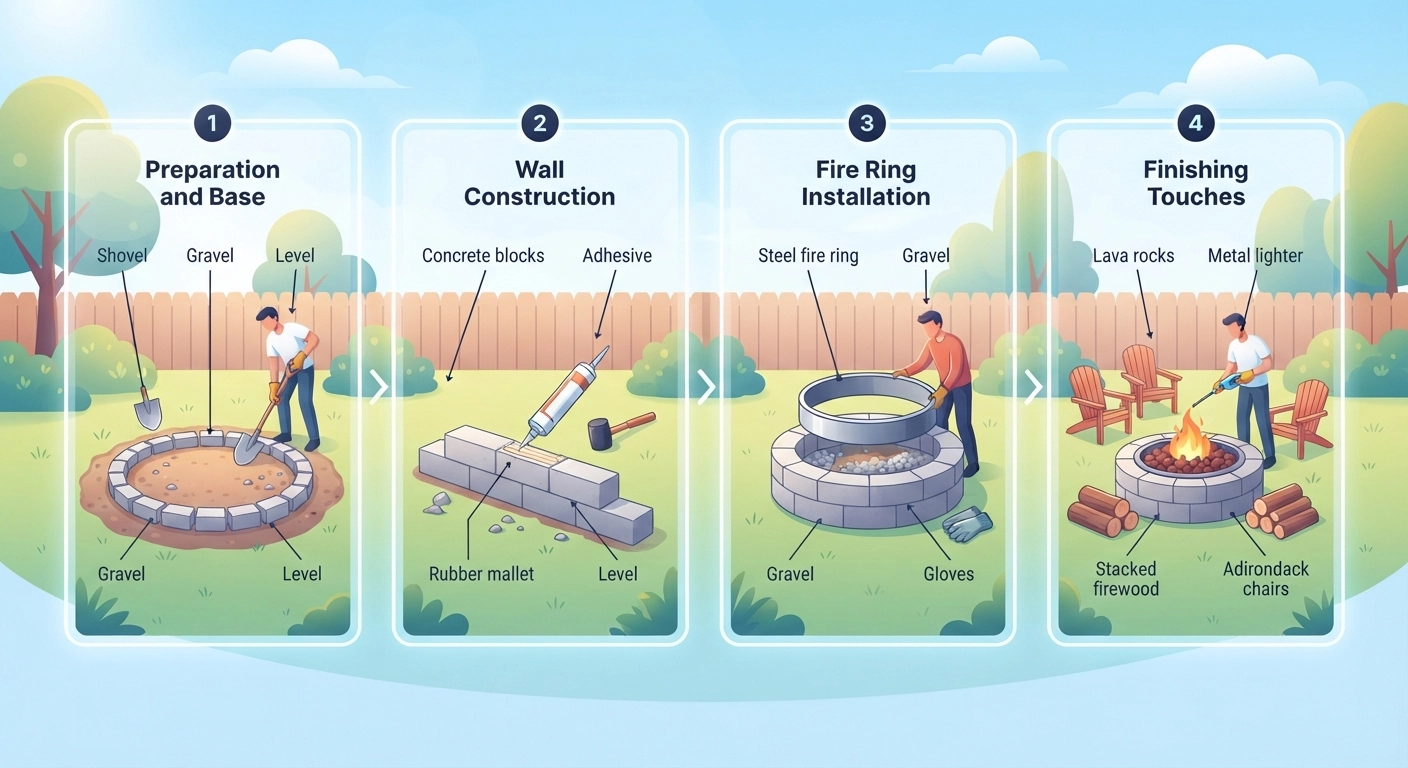Step-by-step infographic showing how to build a DIY backyard fire pit with gravel base, concrete blocks, and fire ring, in a sunny backyard, labeled with materials and tools, flat vector style illustration