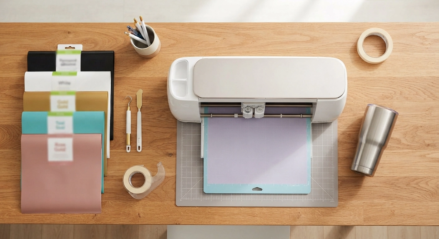 A bright, clean flat-lay photography of a craft workspace showing permanent adhesive vinyl sheets in multiple colors (black, white, gold, teal, rose gold), a Cricut cutting machine, weeding tools, transfer tape roll, and a stainless steel tumbler. The composition should be top-down with soft natural lighting, a wooden craft table surface, and labels or labels blurred to avoid copyright issues. Include vibrant color contrast and a clean, organized, beginner-friendly aesthetic.