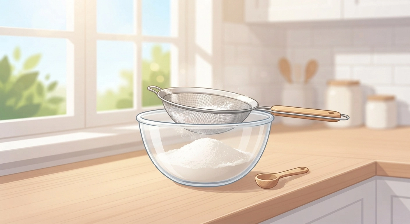 A bright, clean kitchen counter with a glass mixing bowl containing sifted white powder (baking soda, cream of tartar, cornstarch mixture). A fine mesh strainer rests on the bowl's edge with traces of white powder. Natural sunlight from a window illuminates the scene. Warm, inviting DIY aesthetic.