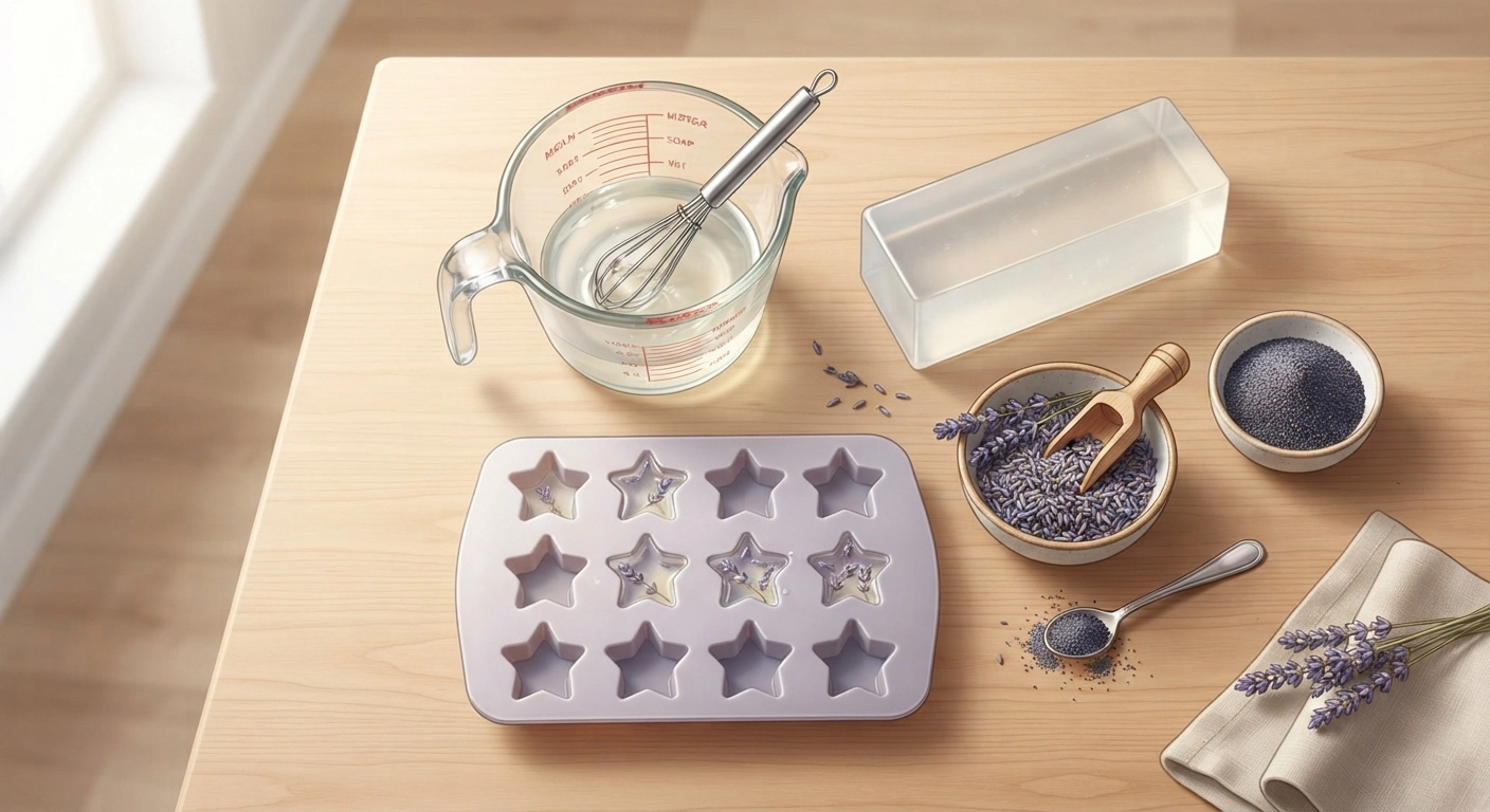A bright, clean overhead shot of a wooden table covered in soap-making supplies: a clear melt-and-pour soap base, a microwave-safe measuring cup, a silicone mold with star shapes, and small bowls of dried lavender and poppy seeds. The lighting is natural and airy.