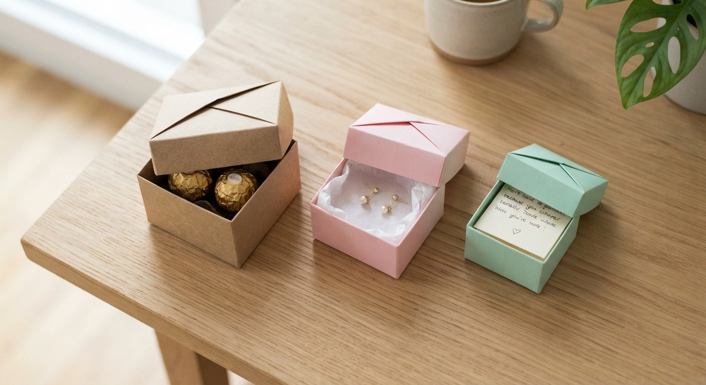 A bright, clean product photo showing three finished origami gift boxes in different sizes and colors (pastel pink, mint green, and kraft brown) arranged on a wooden table. Each box has its lid slightly open to reveal small contents — one holds wrapped chocolates, another holds a pair of earrings, the third holds a folded note. Soft natural lighting, top-down angle, Canon EOS style with shallow depth of field.