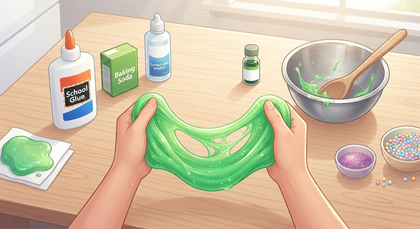 A bright, colorful overhead shot of a wooden kitchen table covered with slime-making ingredients: a bottle of white school glue, baking soda, contact lens solution, food coloring, a mixing bowl, and a finished batch of vibrant green stretchy slime being pulled between two hands. Warm natural lighting, messy-creative aesthetic, shallow depth of field focusing on the slime.