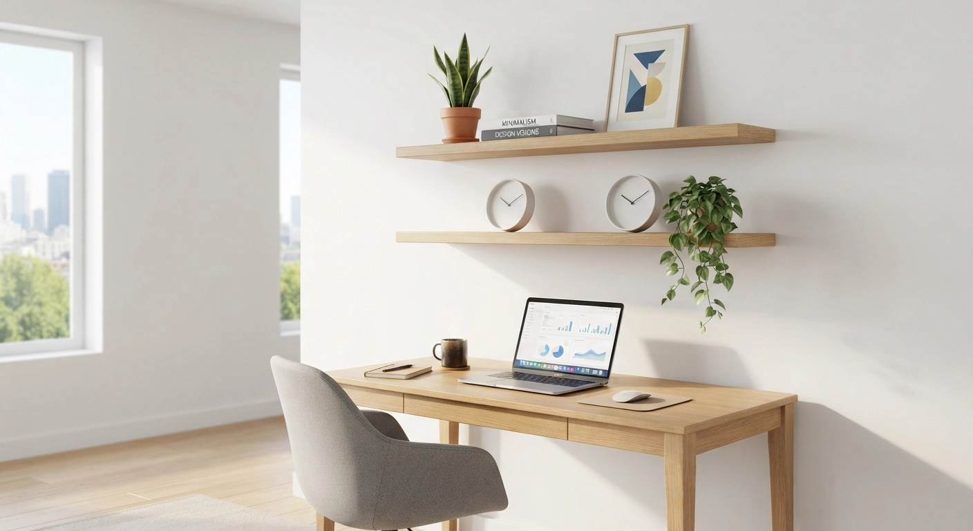 A bright, modern living room with two beautifully styled floating shelves on a white wall. One shelf holds a small potted snake plant, two art books arranged horizontally, and a framed abstract print leaning against the wall. The lower shelf features a minimalist clock and a trailing succulent. Below the shelves, a clean workspace with a laptop and a coffee mug, demonstrating the shelves' space-saving, decorative, and functional value. Sunlight streams in from a side window, casting soft shadows. Photorealistic, 8k, interior design photography style.
