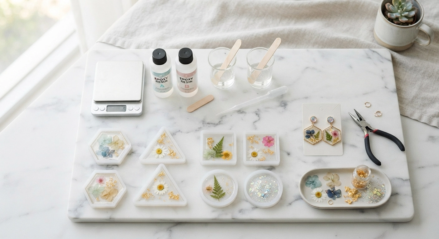 A bright, overhead flat-lay photo of a clean workstation with epoxy resin bottles, silicone molds in geometric shapes, dried flowers, gold flakes, mixing cups, and a finished pair of glittering resin earrings on a marble surface. Soft natural lighting, inviting craft aesthetic.