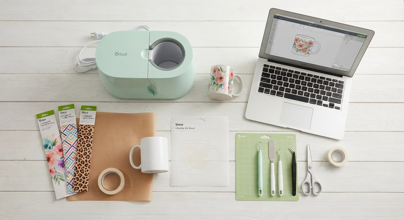 A bright, overhead flat lay photograph of Cricut mug-making supplies arranged neatly on a white wooden table. Include a Cricut Mug Press in mint green, Infusible Ink transfer sheets in colorful patterns, a ceramic blank mug, weeding tools, heat-resistant tape, butcher paper, a weeding tool, and a laptop showing Cricut Design Space. Natural lighting, clean composition, top-down angle, lifestyle product photography style.