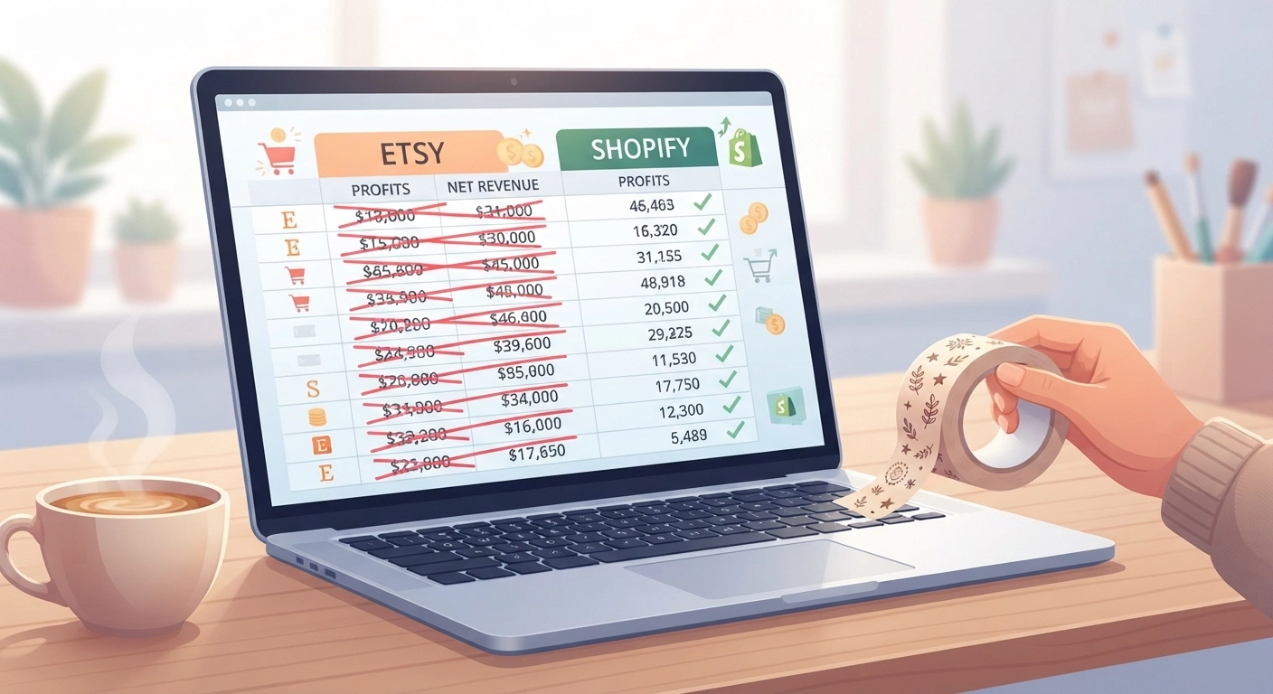A close-up of a laptop screen displaying a financial comparison spreadsheet. One column marked "Etsy" has numerous red deduction lines crossing out profits. The other column "Shopify" shows clean additions. A cup of coffee sits beside the laptop, and a craft maker's hand holds a roll of hand-stamped packing tape.