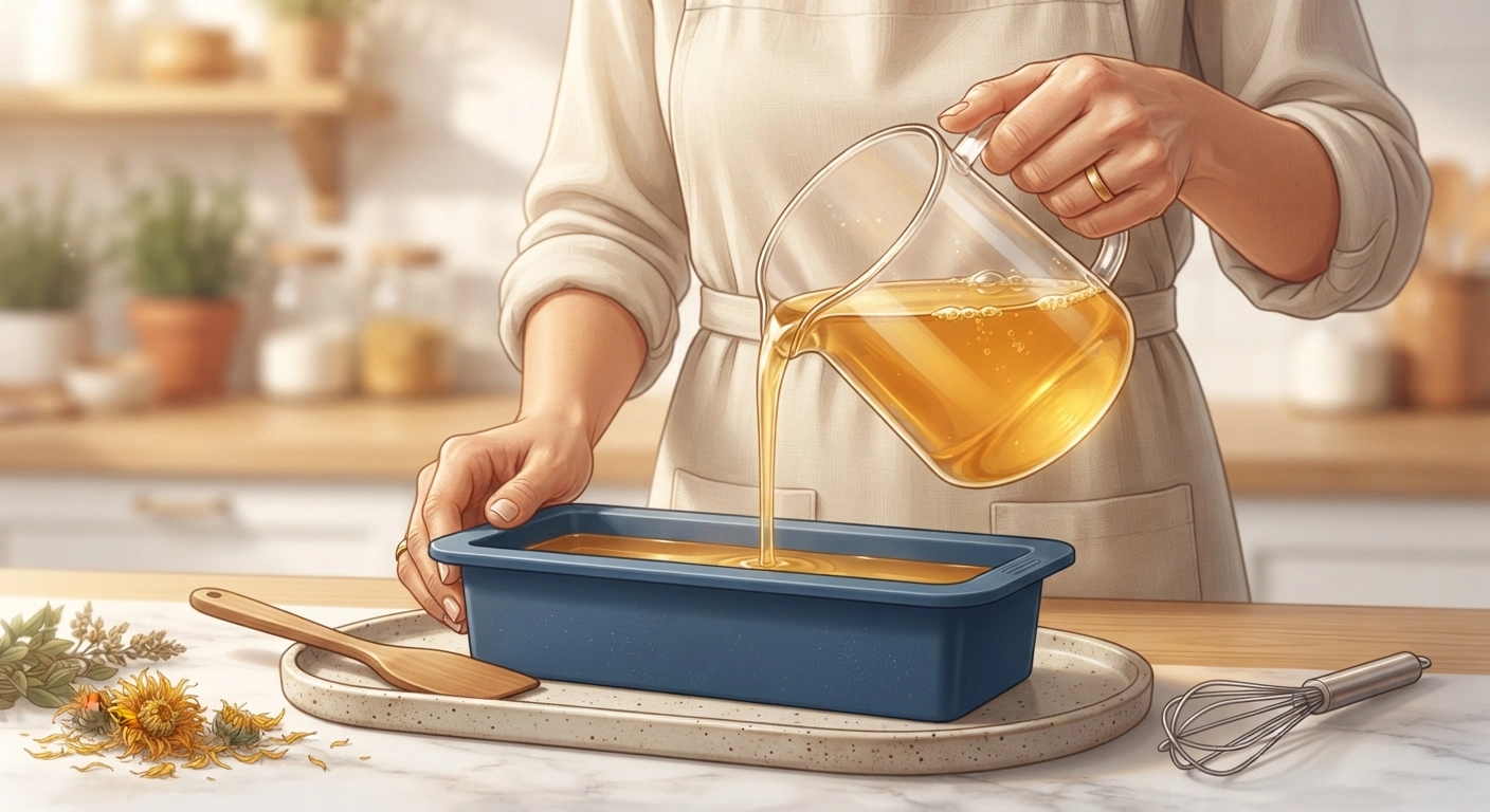 A close-up of hands carefully pouring a translucent, golden soap mixture from a glass pitcher into a rectangular silicone loaf mold. The background is blurred, showing a cozy kitchen.