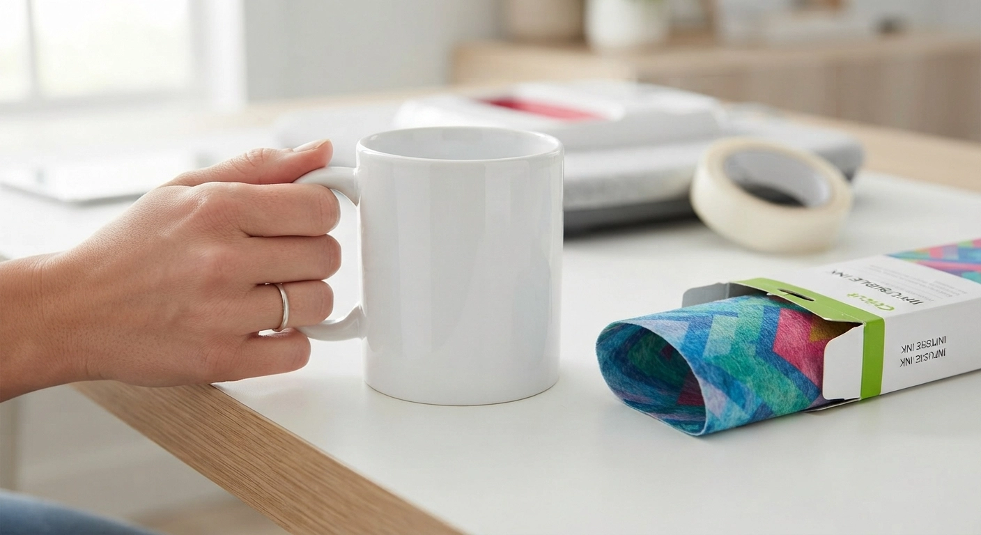 A close-up photograph of a hand holding a blank white ceramic sublimation mug next to a Cricut Infusible Ink transfer sheet package, showing the texture difference between a regular mug and a poly-coated sublimation blank. The image should clearly show the glossy coating on the sublimation mug. Bright studio lighting, product comparison style.