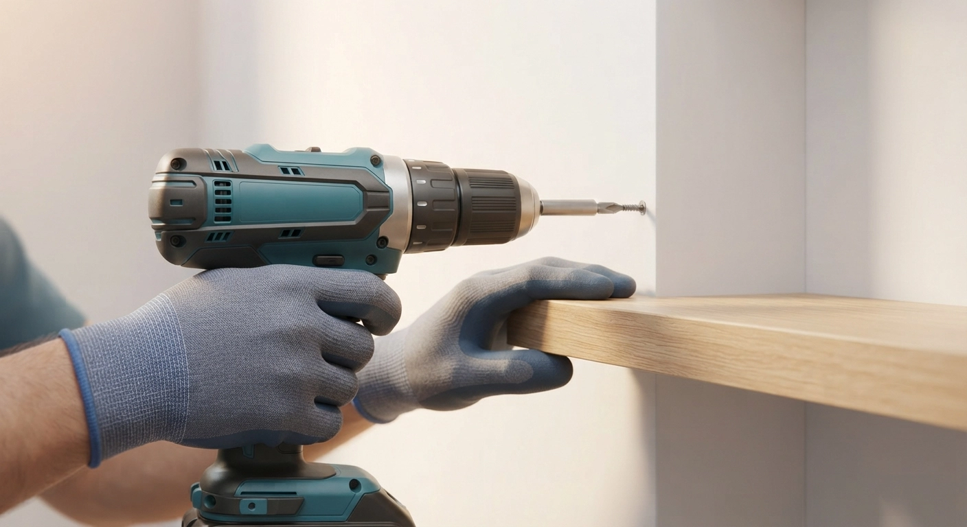 A close-up shot of a beginner's hands wearing protective work gloves, holding a cordless drill and installing a wooden shelf on a white wall. The focus is on the drill and the precision of the work. Warm, sharp indoor lighting, shallow depth of field.