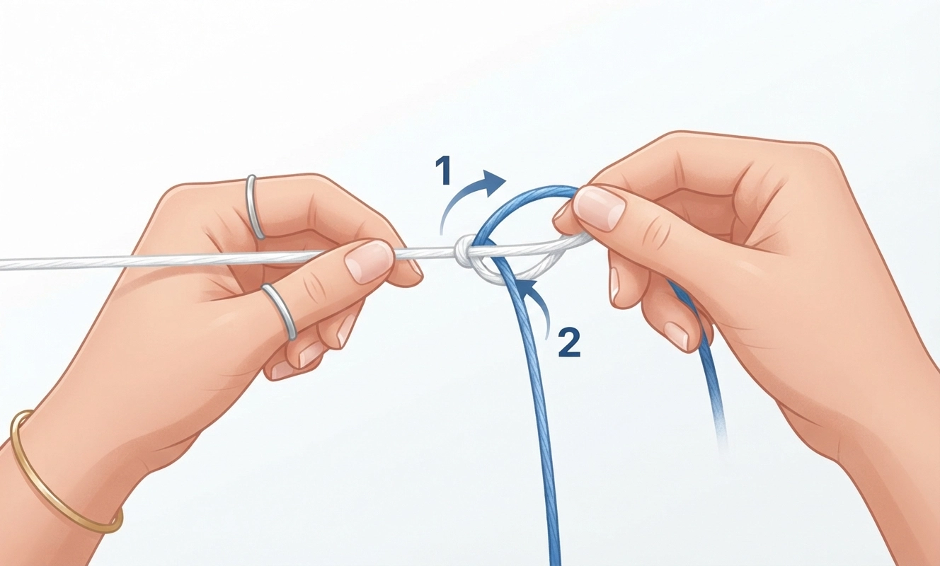 A close-up, step-by-step instructional photo showing hands holding two strands of embroidery floss making a forward knot. The left hand holds a white strand taut horizontally, the right hand loops a blue strand over and through. A small numbered arrow overlay indicates "1" for the loop-over motion and "2" for the pull-through. Clean white background, bright even lighting, shot from a slightly elevated angle, 1000x600 resolution.
