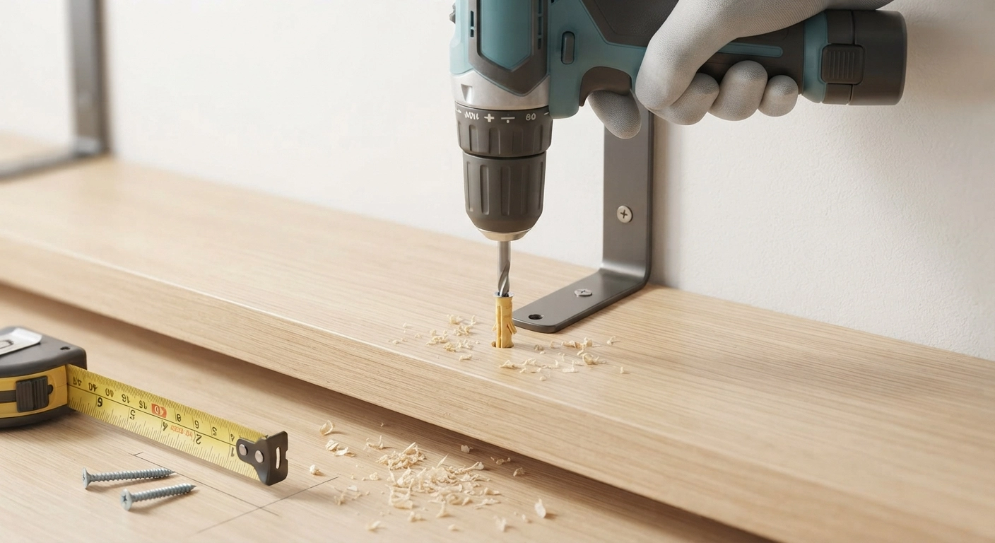 A close-up, step-by-step macro shot of hands using a power drill to drive a screw into a wall anchor inside a piece of wood. The scene shows the DIY process of attaching a floating shelf bracket hidden inside the shelf. Wood shavings and a measuring tape are visible nearby. The lighting is bright and focused on the action, conveying precision and the ease of the project for a beginner. High resolution, instructional photography.