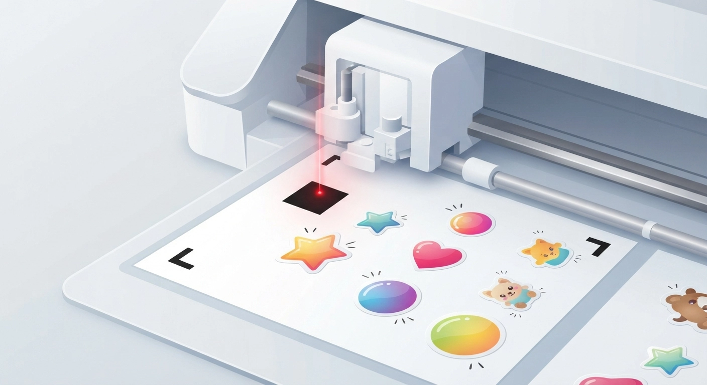 A close‑up photo of a printed sticker sheet with three black registration marks (square and corner) on the paper, with a Silhouette Cameo’s laser light scanning the mark.