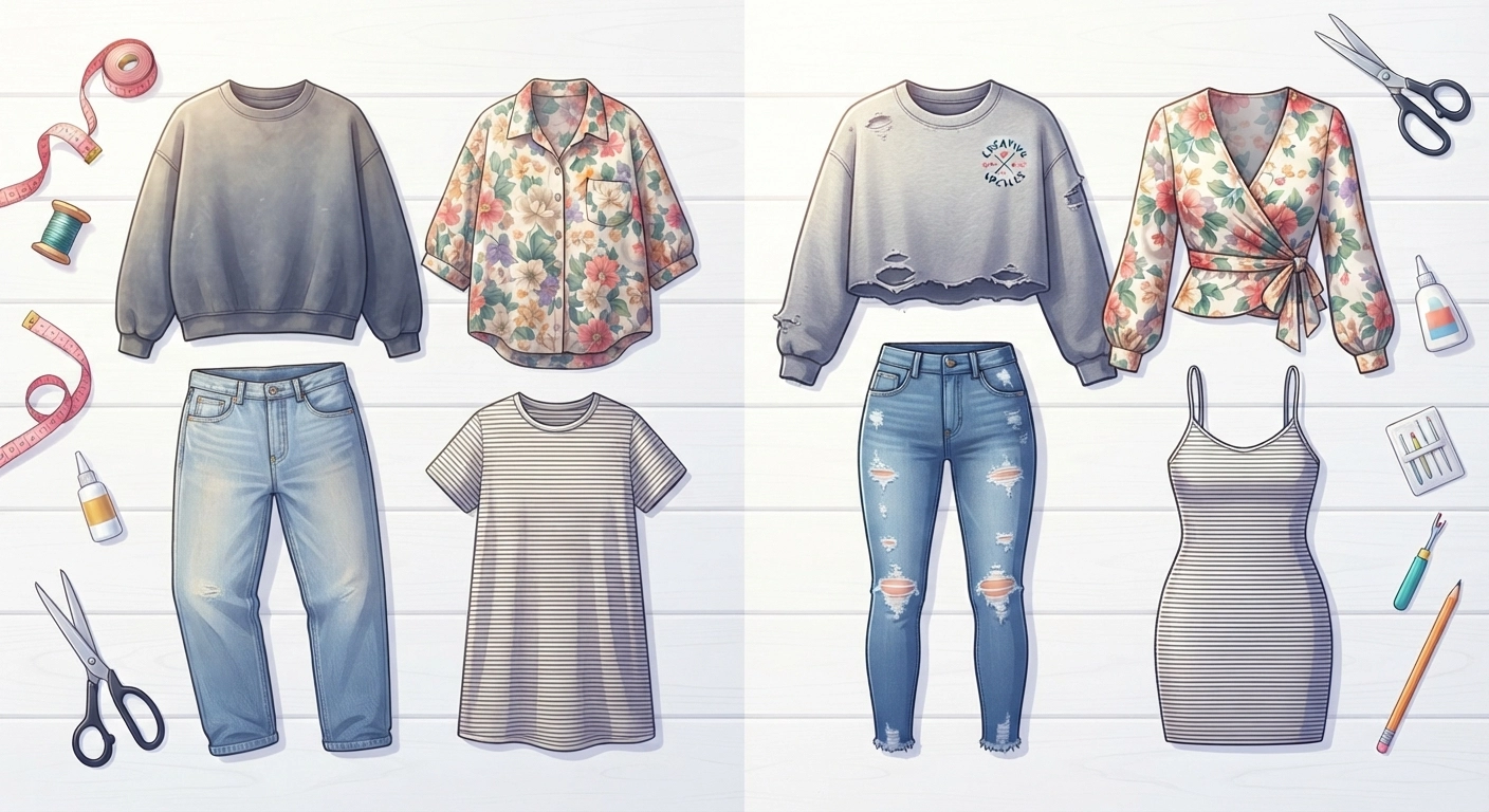 A colorful before-and-after flat lay photograph showing thrifted clothing items on the left side (plain, dated, oversized) and their flipped versions on the right side (stylish, fitted, modern). Include scissors, fabric glue bottles, and measuring tape scattered artistically around the edges. Bright natural lighting, white wooden background, top-down perspective. The contrast between "before" and "after" should be dramatic and inspiring.