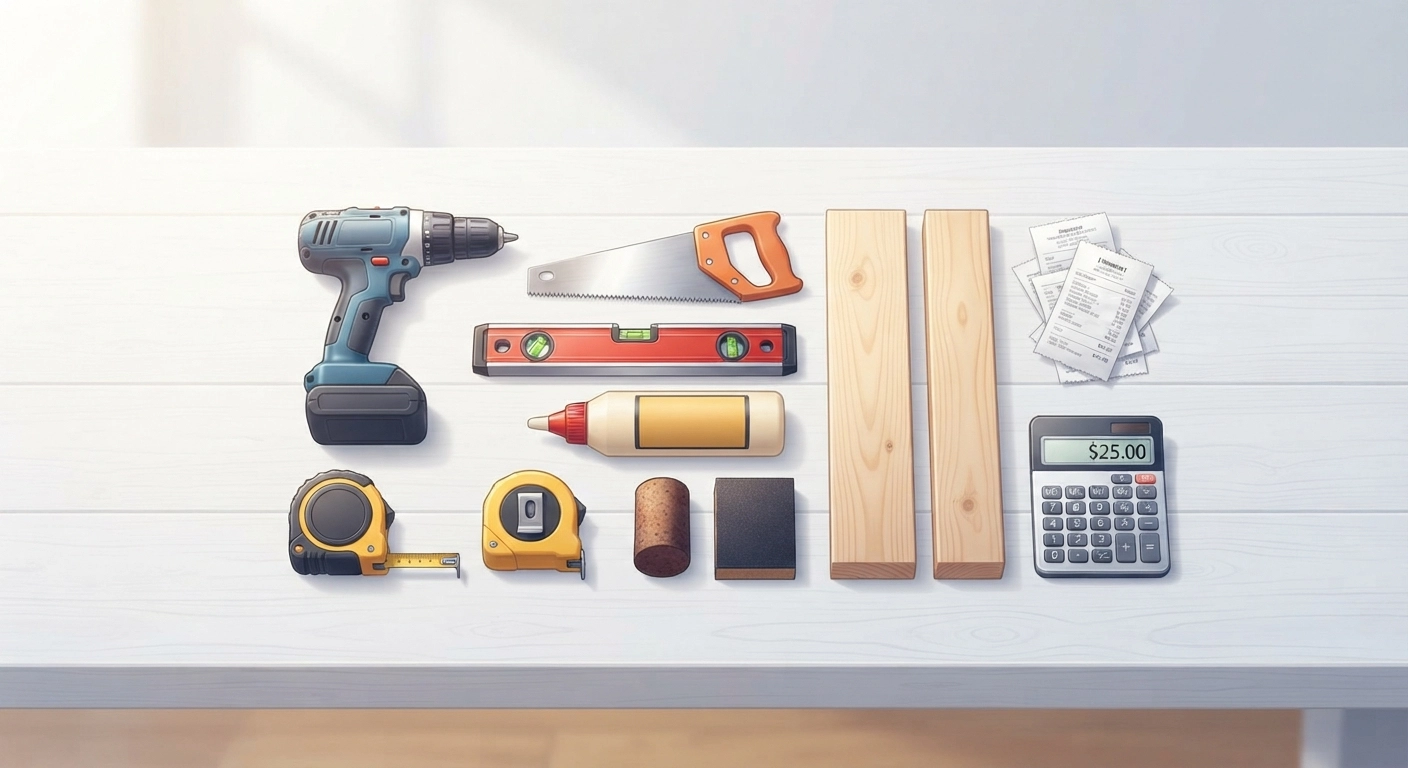 A compact and neatly organized flat-lay of the essential budget tools and materials for making floating shelves: a hand saw, a power drill, a spirit level, wood glue, 1x6 and 1x4 pine boards, a tape measure, and a sanding block. Next to them is a pile of receipts and a calculator showing a total cost of $25, highlighting the 'budget-friendly' aspect. Clean, minimal composition on a white wooden tabletop.
