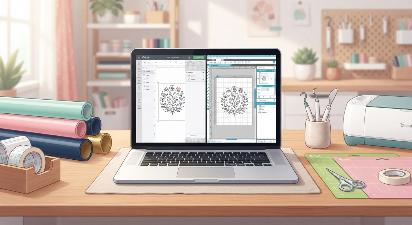 A cozy craft room setup with both Cricut Design Space and Silhouette Studio software interfaces open on a laptop screen, surrounded by vinyl rolls, weeding tools, and cutting mats — ideal beginner crafting atmosphere.