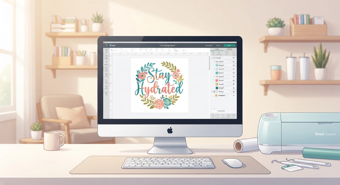 A desktop computer screen displaying Cricut Design Space software with a colorful monogram decal design for a tumbler. The screen shows the design canvas with a script font saying "Stay Hydrated" and a floral element, measuring ruler visible, and the layers panel open. The desk is clean with a Cricut Explore machine partially visible on the right, warm lighting, modern craft room vibe.