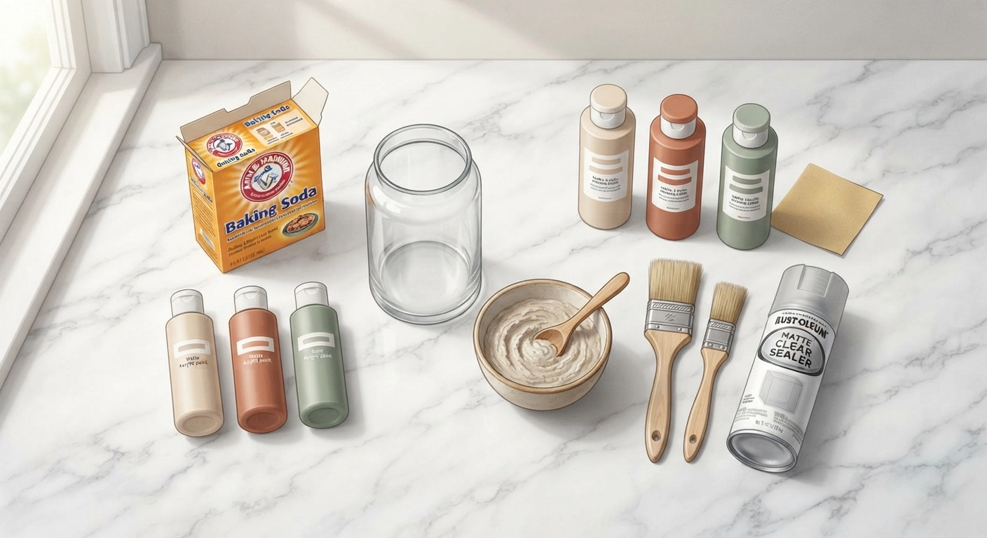 A flat-lay photo of all the materials needed for a baking soda paint vase project arranged neatly on a white marble surface. Items include: a box of baking soda, matte acrylic paint bottles in neutral tones (beige, terracotta, sage green), a glass vase, paintbrushes, sandpaper, mixing bowl, and a spray sealer. Natural light from a window creates soft shadows.