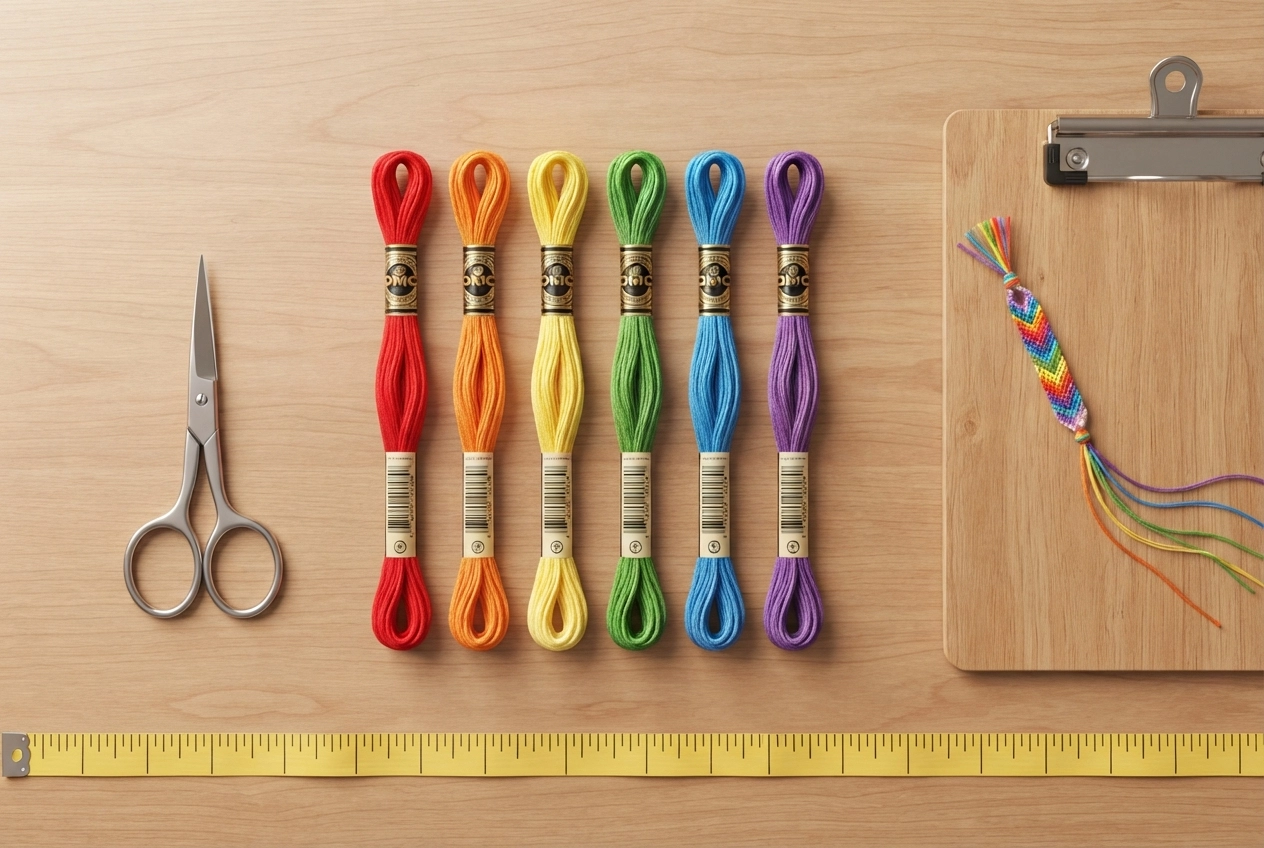 A flat-lay photograph of friendship bracelet supplies arranged neatly on a wooden table. In the center, a rainbow assortment of DMC embroidery floss skeins (red, orange, yellow, green, blue, purple). To the left, a small pair of sharp fabric scissors. To the right, a clipboard with a bracelet started on it, secured with a metal clip. A measuring tape stretches across the bottom. Natural daylight, warm white balance, shallow depth of field on the floss, top-down angle, 1200x800 resolution.