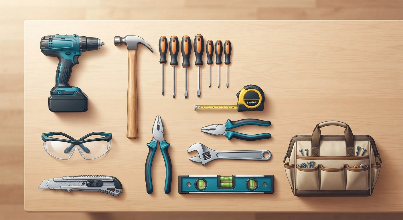 A flat-lay photograph of the 10 essential tools for DIY beginners arranged neatly on a clean wooden workbench. The scene includes a cordless drill, hammer, screwdriver set, tape measure, safety glasses, and a canvas tool bag. Bright natural lighting, high resolution, professional product photography style.