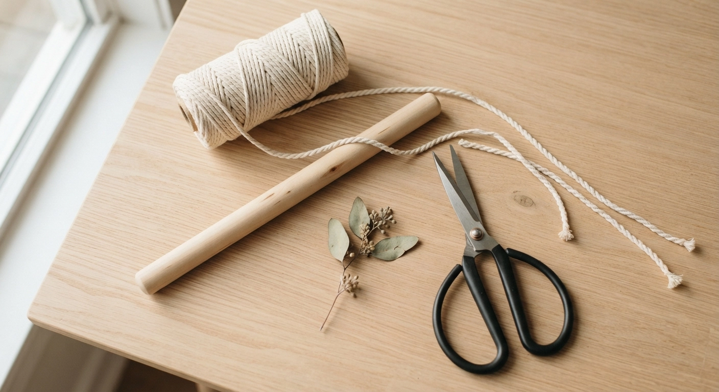 A flat-lay photograph showing the three essential macrame materials arranged diagonally on a light wood surface: a spool of natural 4mm cotton cord partially unrolled, a 14-inch wooden dowel with visible wood grain, and a pair of sharp fabric scissors. Soft natural window light illuminates the scene from the left side, casting gentle shadows. A small sprig of dried eucalyptus adds a subtle boho styling accent. Shot from directly above with a shallow depth of field, focusing on the twisted texture of the cord. Warm, neutral color palette consistent with modern boho interior photography.