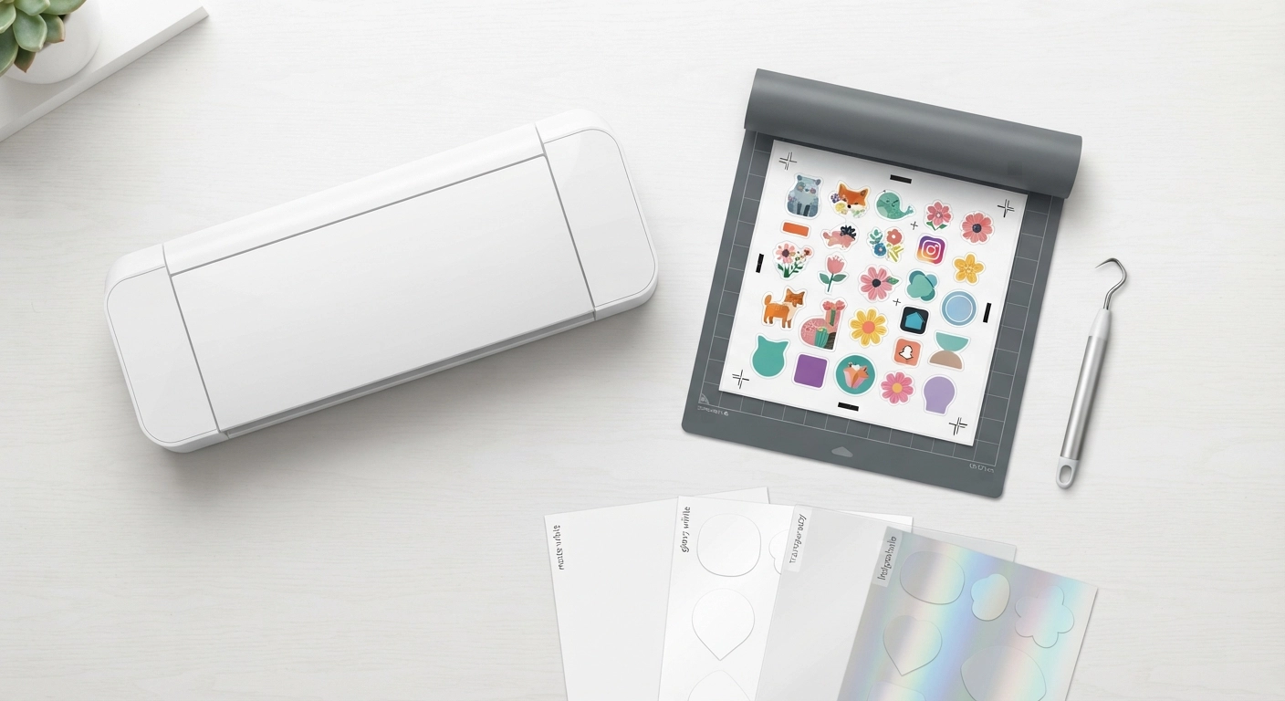 A flat‑lay photograph of Silhouette Cameo 4 along with sticker paper samples (matte, glossy, clear, holographic), cutting mat, weeding tool, and a fresh sheet of vibrant custom stickers with registration marks visible. Bright lighting, clean desk.