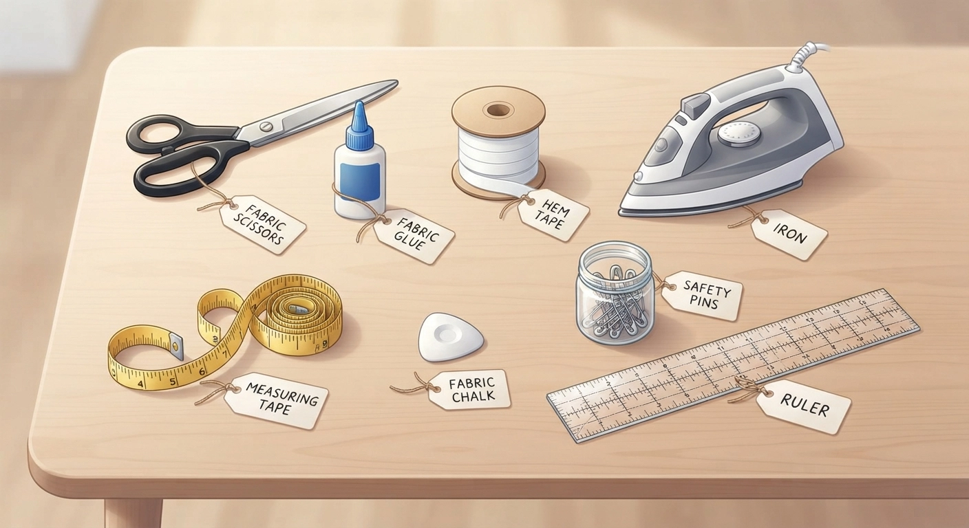 A neatly arranged flat lay photograph of all essential no-sew tools on a light wooden surface: fabric scissors, bottle of fabric glue, roll of hem tape, measuring tape, fabric chalk, iron, safety pins in various sizes, and a ruler. Each item should be clearly labeled with a small handwritten tag. Bright, clean aesthetic with natural light.