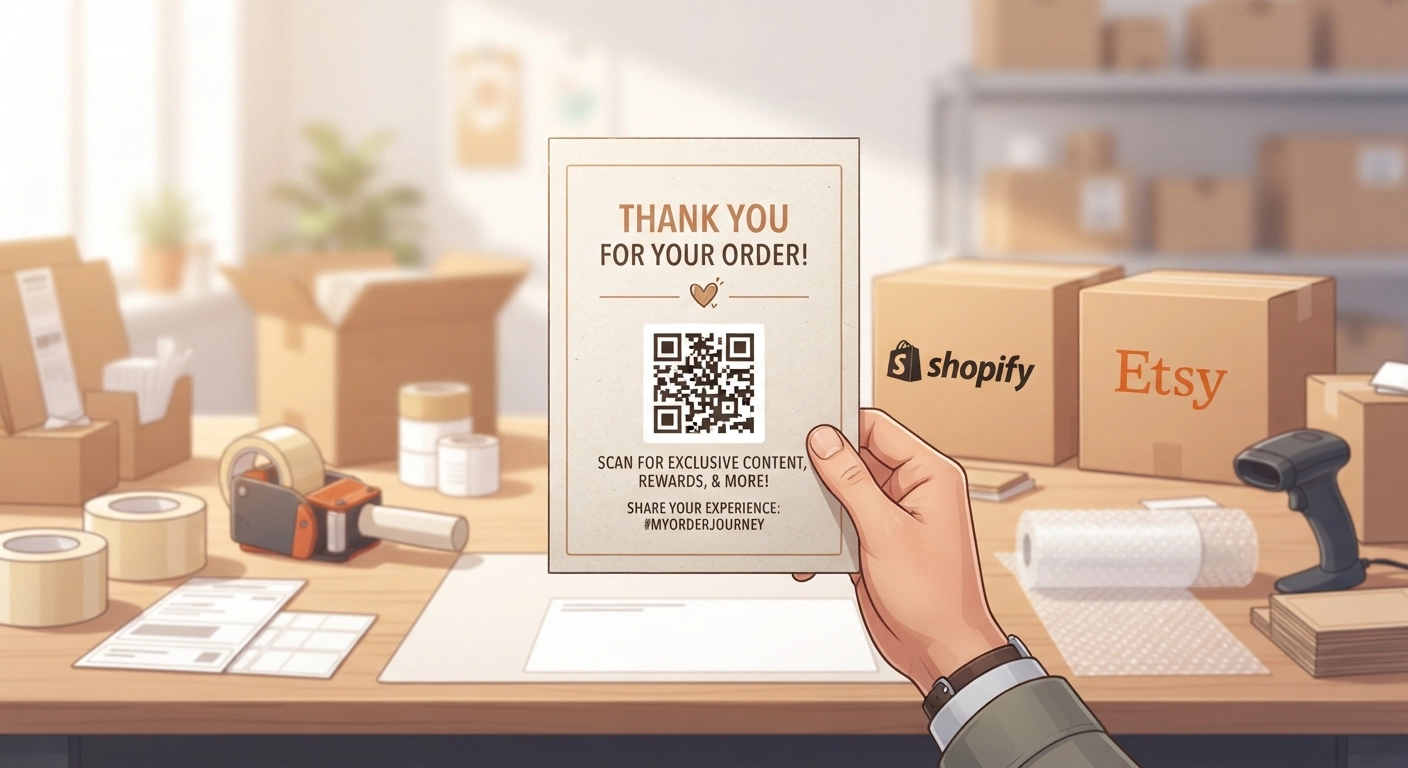A photomontage of a package insert. A hand holding a packaging slip that reads "Thank you for your order!" with a QR code next to it. The background is a blurred shipping station with boxes labeled "Shopify" and "Etsy", highlighting the hybrid selling strategy.