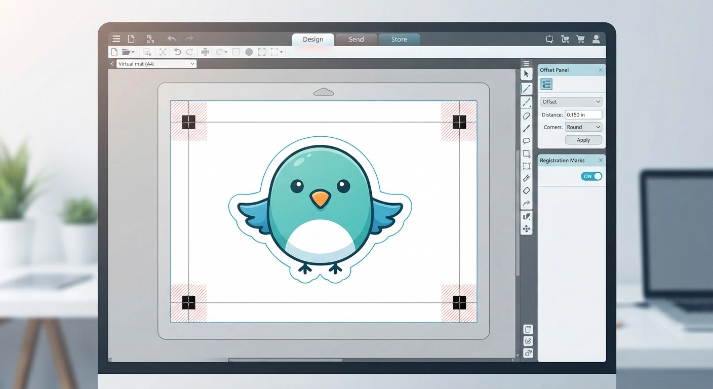 A screenshot of Silhouette Studio interface showing the offset panel with a cartoon bird design, a thin white offset border, and the registration marks activated on the right sidebar.