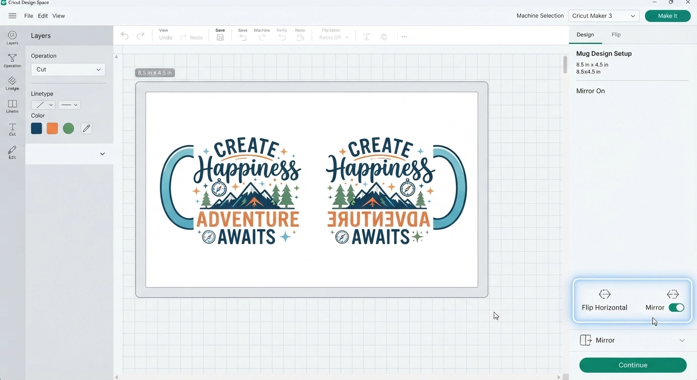 A screenshot-style image of Cricut Design Space showing the Mug Design Setup template with a sample custom design featuring text and graphics, the mirror/flip horizontal button highlighted with a subtle glow or arrow indicator. The design area shows an 8.5x4.5 inch canvas. Clean, educational software demonstration style.