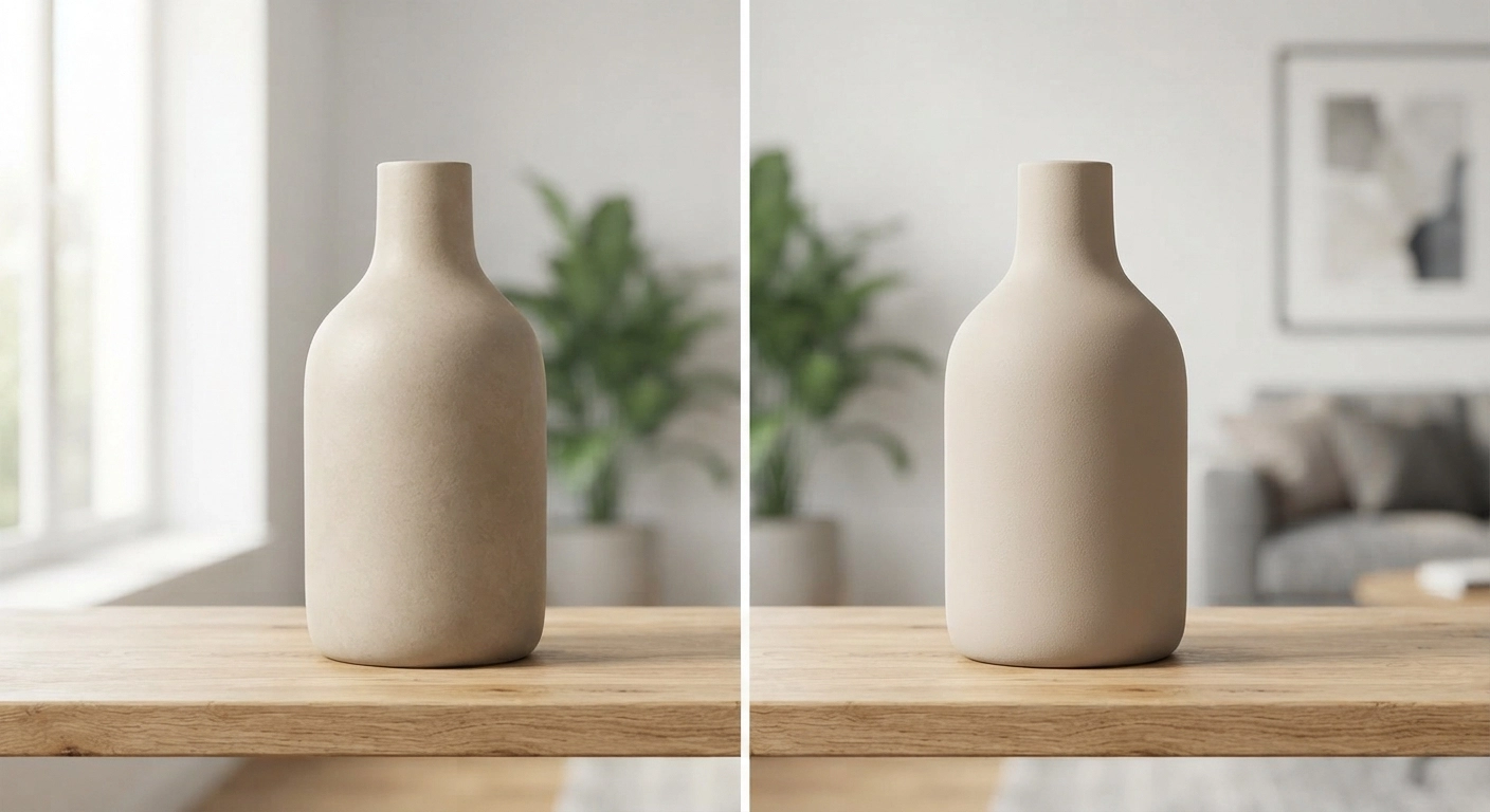 A side-by-side comparison photo of a real matte ceramic vase (left, neutral beige tone) and a baking soda paint faux ceramic vase (right, identical color). Both are on a wooden shelf with natural lighting. The faux version looks nearly indistinguishable. The background is a softly blurred living room setting. Overlay text reads "Real vs. Faux: Can You Tell?"