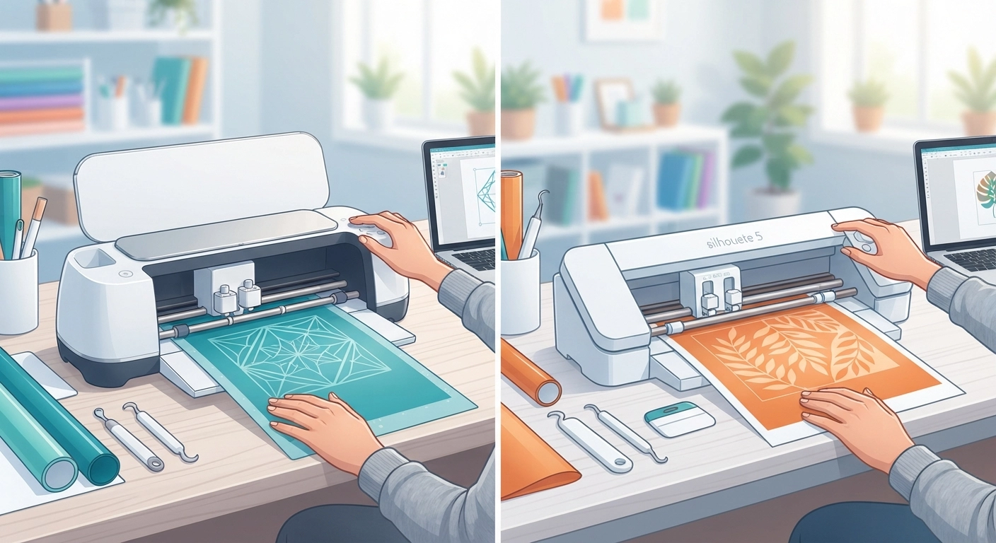 A split-screen comparison showing a Cricut Maker 3 on the left and a Silhouette Cameo 5 on the right, both cutting colorful vinyl on a bright craft desk with a beginner's hands adjusting the settings.
