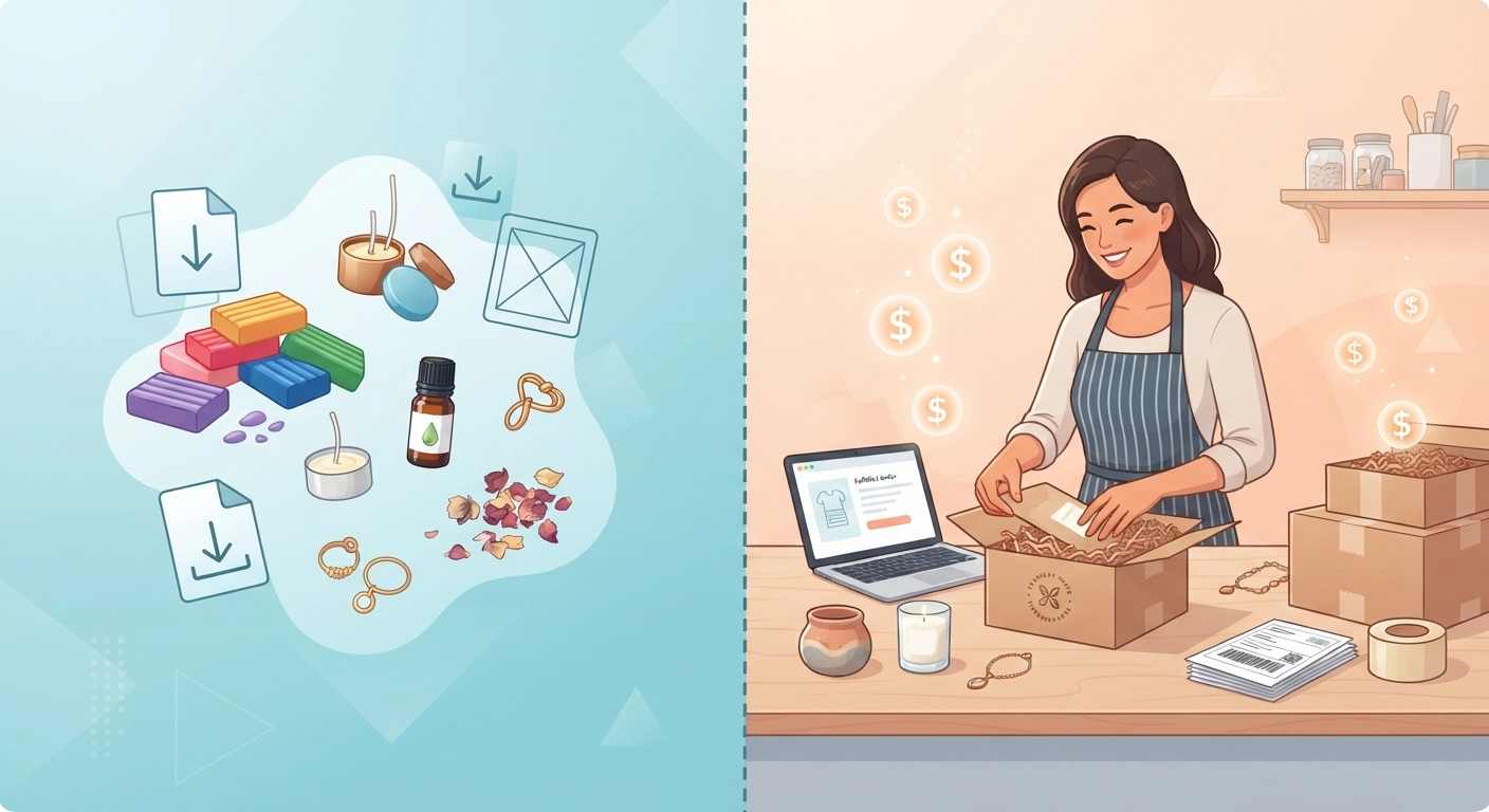 A split screen graphic comparing different profitable DIY crafts to make and sell. On the left, materials like clay, wicks, and digital download icons. On the right, a happy crafter packing orders at a shipping station, with dollar signs floating around the packages.