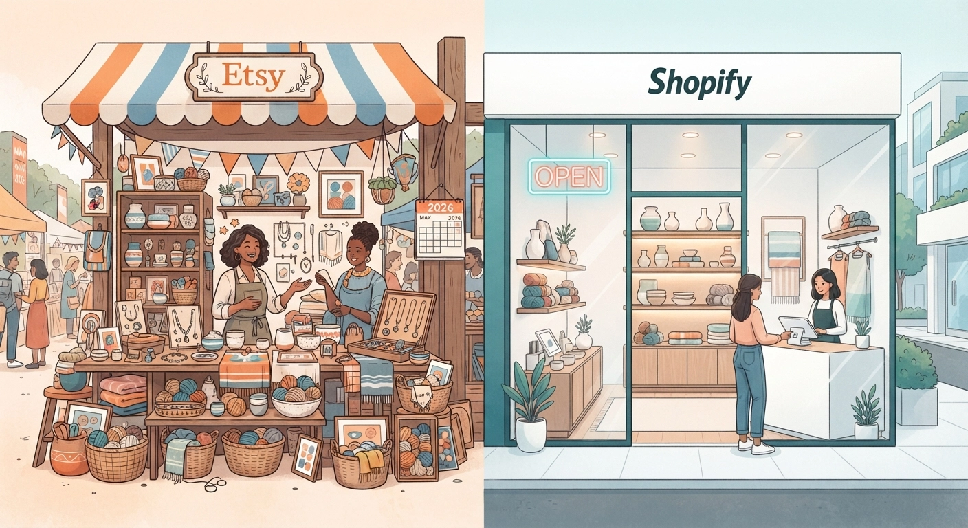 A split-screen illustration showing a cluttered, bustling vintage flea market stall labeled "Etsy" on the left, versus a clean, modern, minimalist boutique storefront labeled "Shopify" on the right. Handmade pottery and yarn are overflowing on the Etsy side, while the Shopify side shows neatly organized crafts and a glowing "OPEN" sign. The background has a calendar showing "2026".