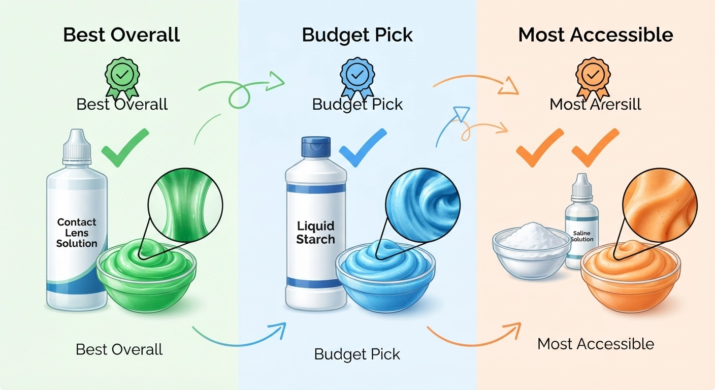 A split-screen infographic comparing three borax-free slime activators side by side: contact lens solution (with a green checkmark and "Best Overall" badge), liquid starch (blue checkmark, "Budget Pick"), and baking soda + saline (orange checkmark, "Most Accessible"). Each panel shows the activator bottle next to a sample of finished slime with a texture close-up. Clean white background with playful hand-drawn arrows and labels.