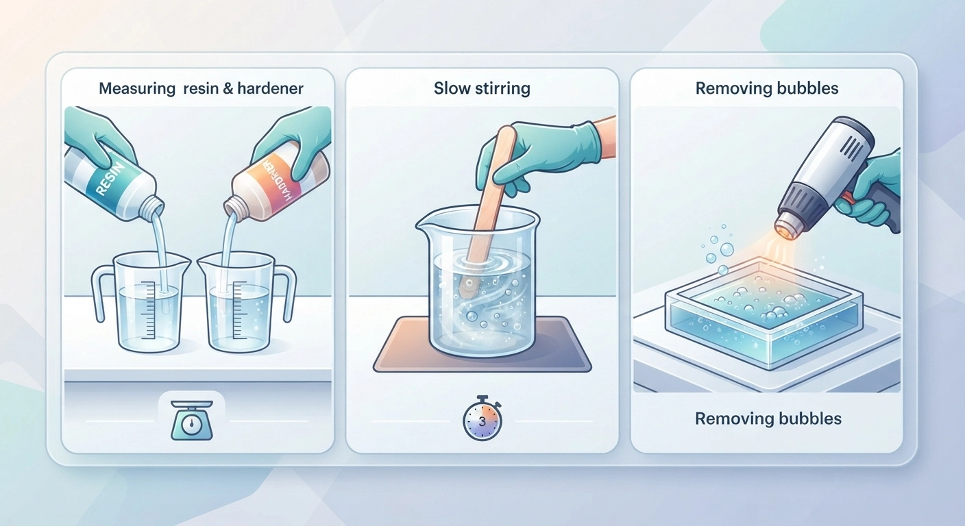 A step-by-step three-panel infographic showing: 1) Measuring resin and hardener in equal parts, 2) Stirring slowly with a flat stick for 3 minutes, 3) Using a heat gun to pop surface bubbles in a filled mold. Clean, modern vector style with labels.