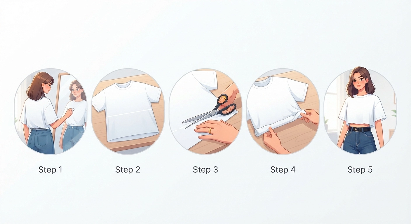 A step-by-step visual sequence showing the t-shirt crop process: 1) Woman trying on oversized shirt and marking length with chalk, 2) Shirt laid flat with cut line drawn, 3) Scissors cutting along the line, 4) Stretching the raw edge to create a curled hem, 5) Final result worn with high-waisted jeans. Each step should be clearly numbered and photographed in bright, natural light against a clean white background.