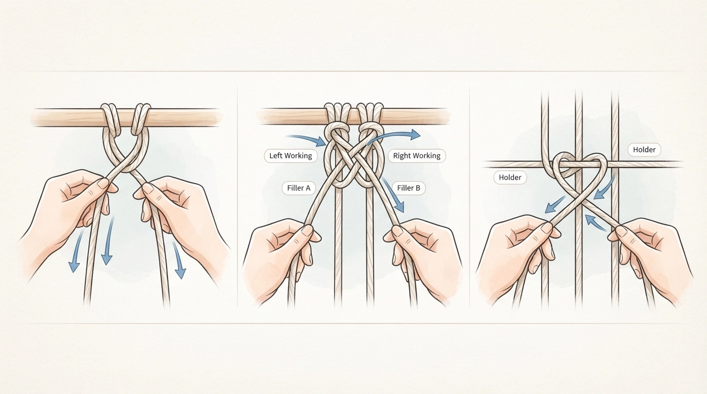 A three-panel instructional illustration showing hands tying each foundational macrame knot against a light background. Panel 1: Lark's Head knot on a wooden dowel, showing the loop going over and tails pulling through. Panel 2: Square Knot mid-formation with all four cords labeled (Left Working, Filler A, Filler B, Right Working). Panel 3: Double Half Hitch being tied diagonally, with the holder cord clearly stretched across three working cords. Simple line drawing style with subtle watercolor accents. Arrow indicators show direction of cord movement.