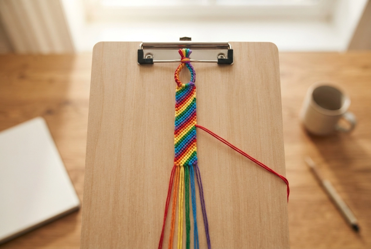 A top-down photograph of a half-finished Candy Stripe friendship bracelet clipped to a wooden clipboard. Six strands of floss in rainbow order (red, orange, yellow, green, blue, purple) show clear diagonal stripes forming. The working strand (red) is pulled to the side. The bracelet is about 40% complete, showing the progression of the pattern. Natural daylight from a window, slight shadows, 1200x800 resolution, warm tones.