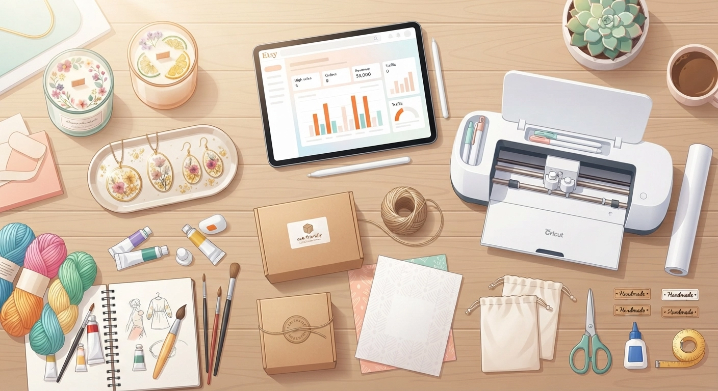 A vibrant flat lay of a modern, organized crafting desk in 2026, featuring handmade candles, custom resin jewelry, a Cricut machine, digital tablet showing an Etsy dashboard with high sales numbers, and eco-friendly packaging, bright natural light.
