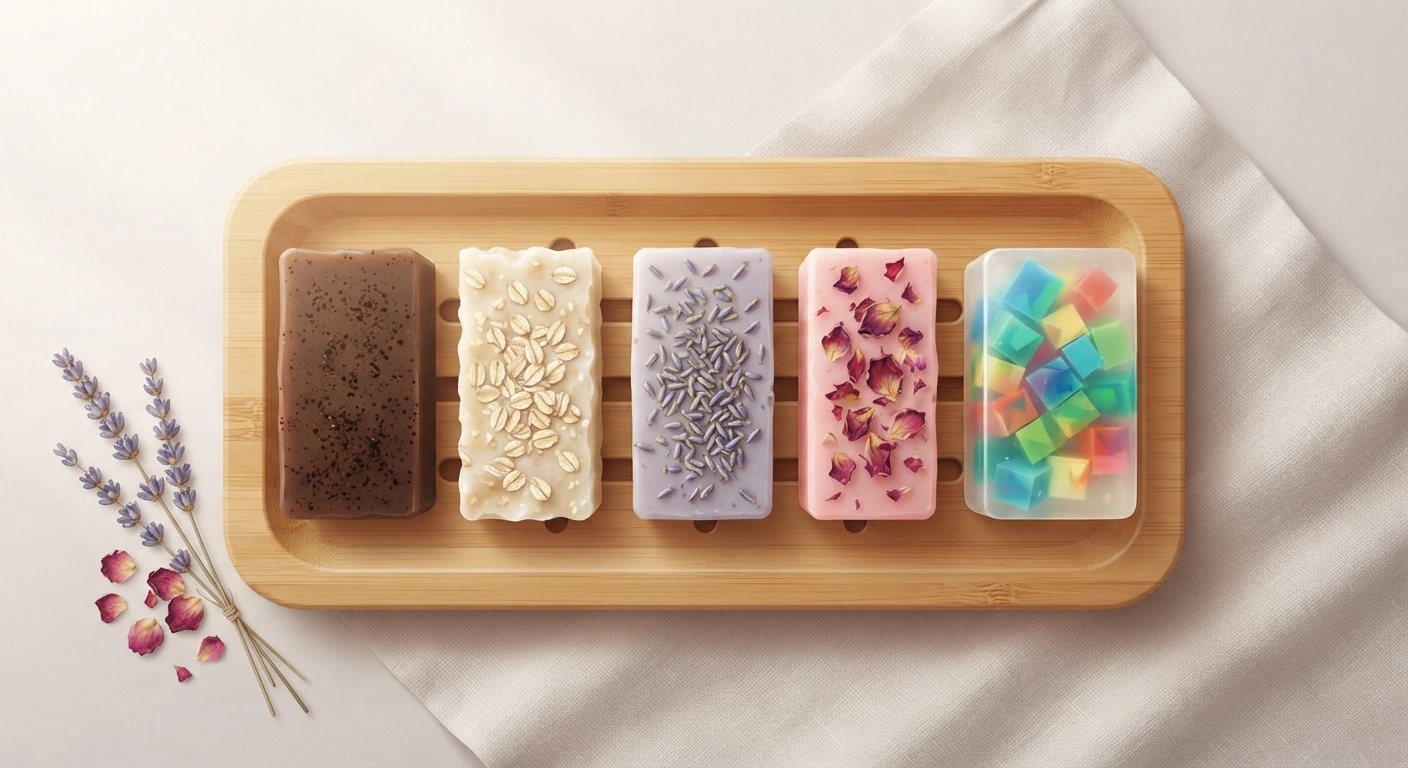 An aesthetically arranged flat-lay of five finished artisan soaps on a bamboo soap dish. The soaps have different additives: one with coffee grounds, one with oatmeal, one with lavender buds, one with rose petals, and one with colorful soap chunks.