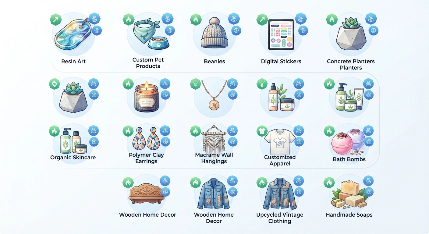 An infographic list of the 15 most profitable DIY crafts for 2026, including icons for resin art, custom pet products, beanies, digital stickers, and concrete planters, with small "high demand" and "low material cost" badges next to each.
